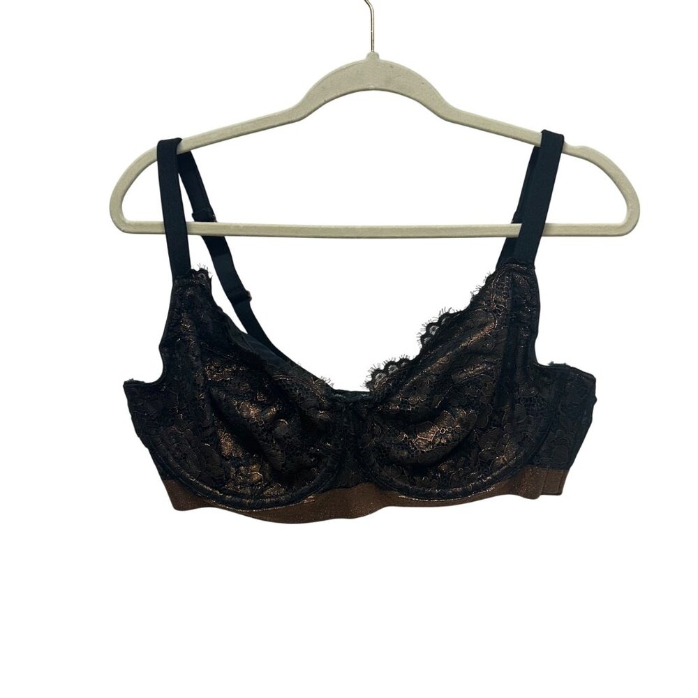 Cacique Black & Bronze Lace Underwire Bra 38F Adjustable Straps Full Coverage